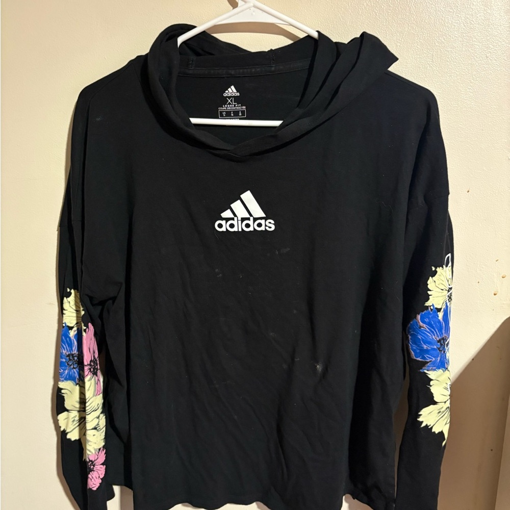 Adidas Black Hoodie with Colorful Floral Accents